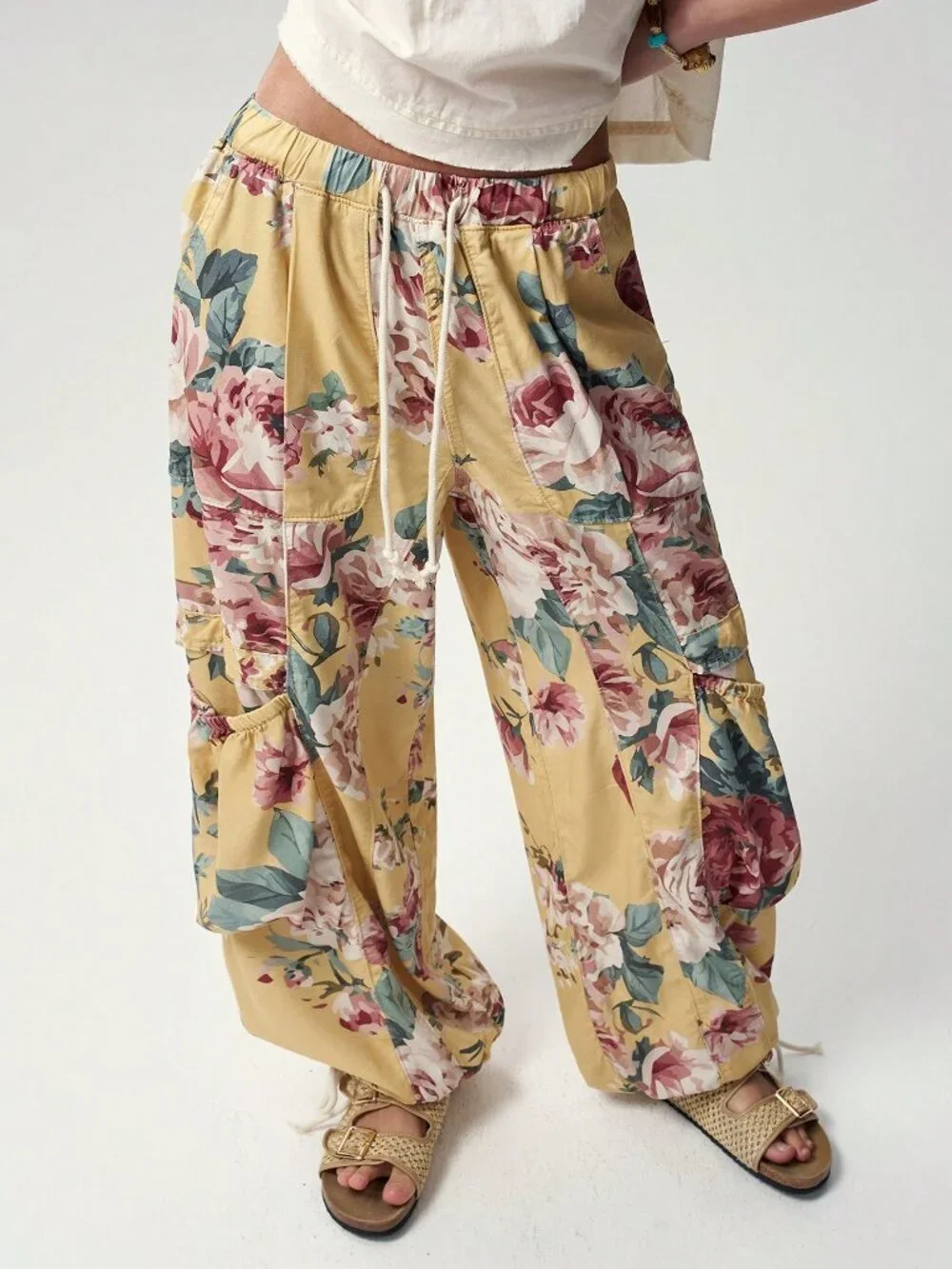 Yellow Casual Women's Woven Printed Loose Long Pants